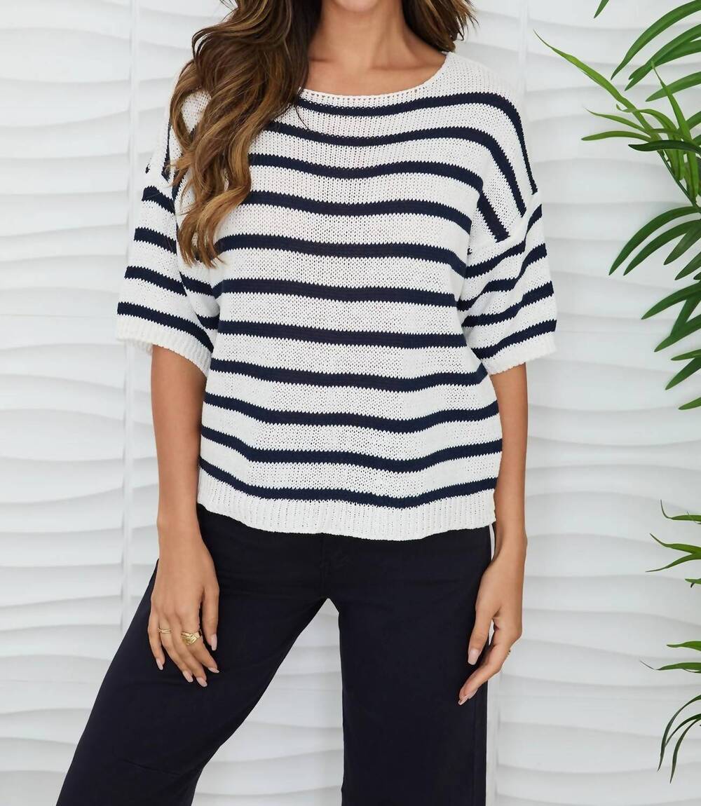 NEW MILIO MILANO striped crochet knit sweater in white/navy